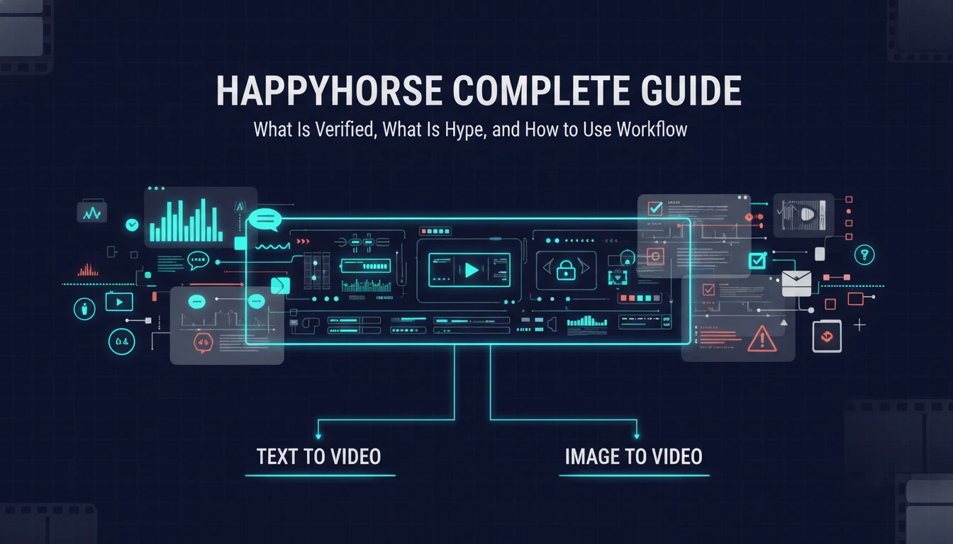 HappyHorse complete guide cover image showing an editorial AI video verification board with text-to-video and image-to-video workflow branches