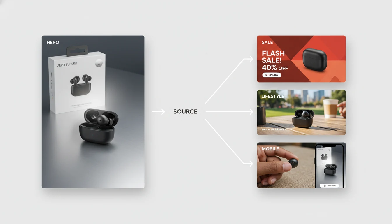 SeedEdit 对比图:同一张源图分支为产品主视觉、促销创意、生活方式广告和移动优先版本