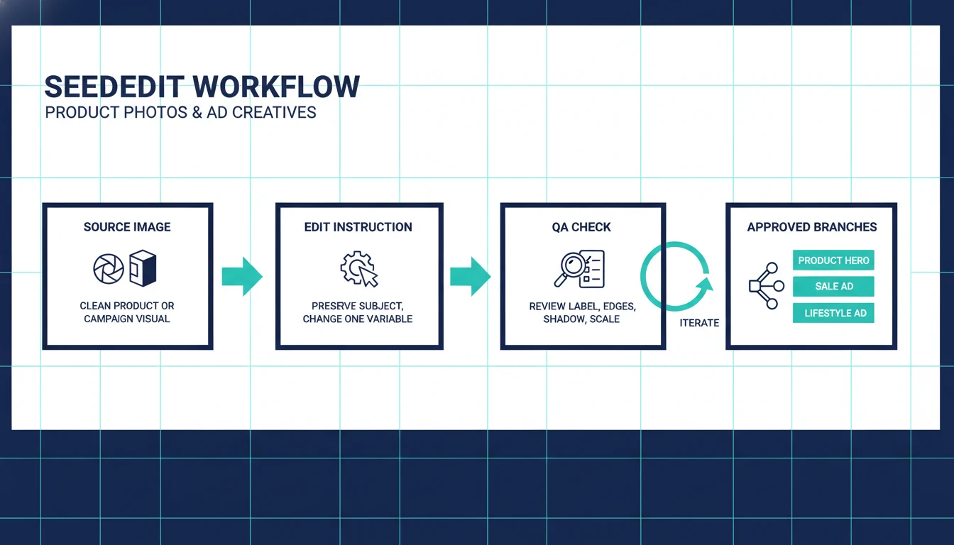 SeedEdit 工作流信息图:源图、受控编辑指令、QA 检查与已通过的创意分支
