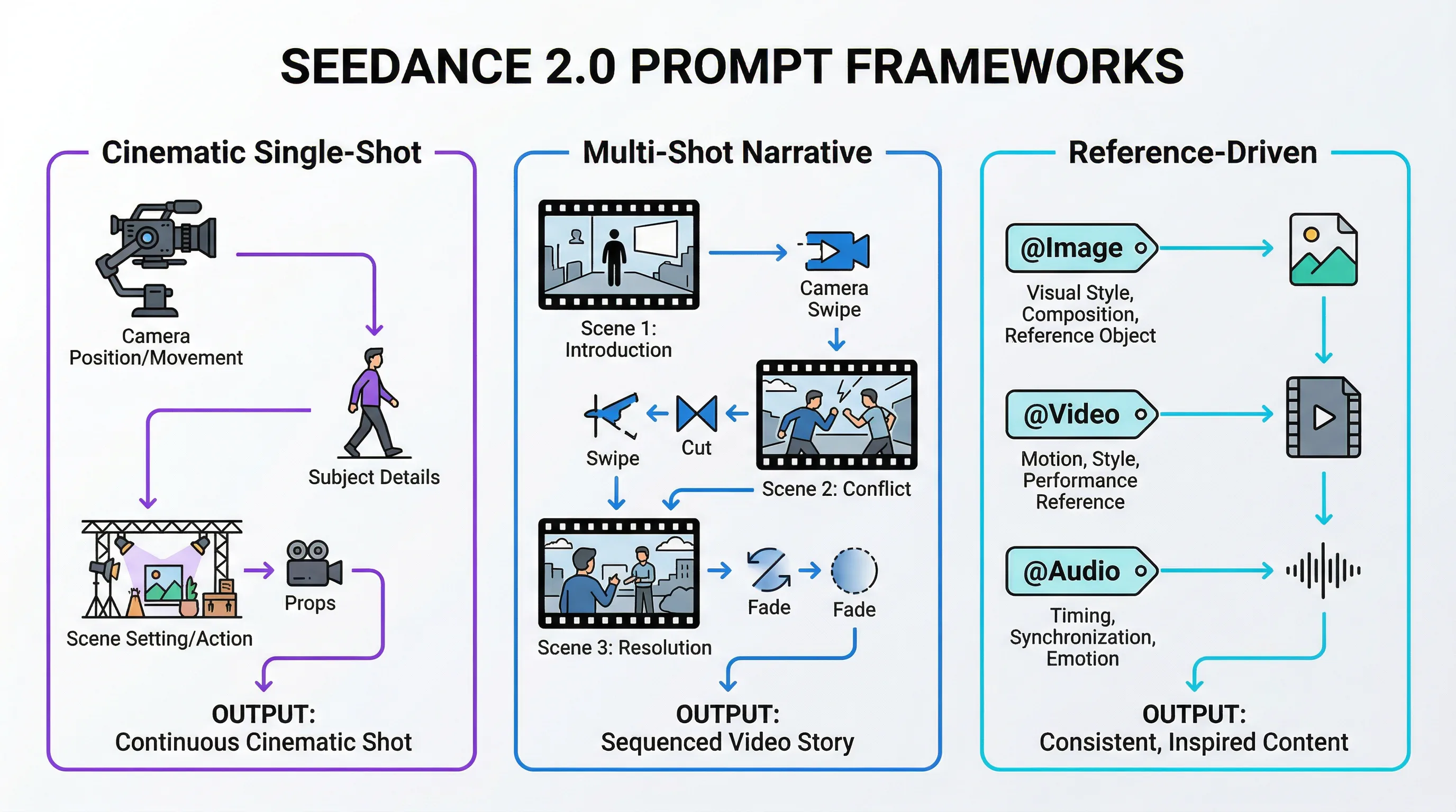 Tiga kerangka kerja prompt utama untuk Seedance 2.0: Cinematic Single-Shot, Multi-Shot Narrative, dan pendekatan Reference-Driven