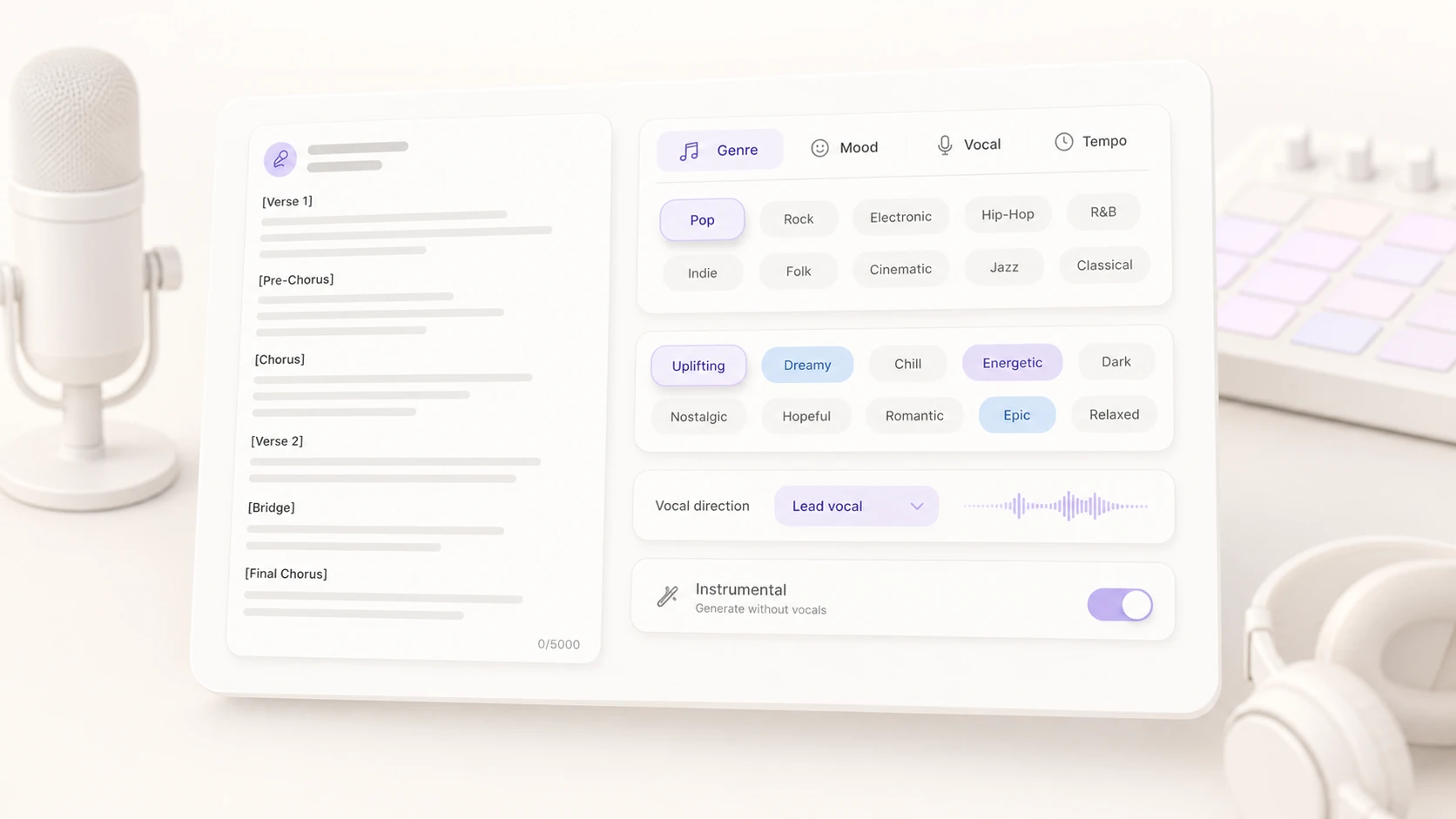 Minimal AI music lyrics style and instrumental controls