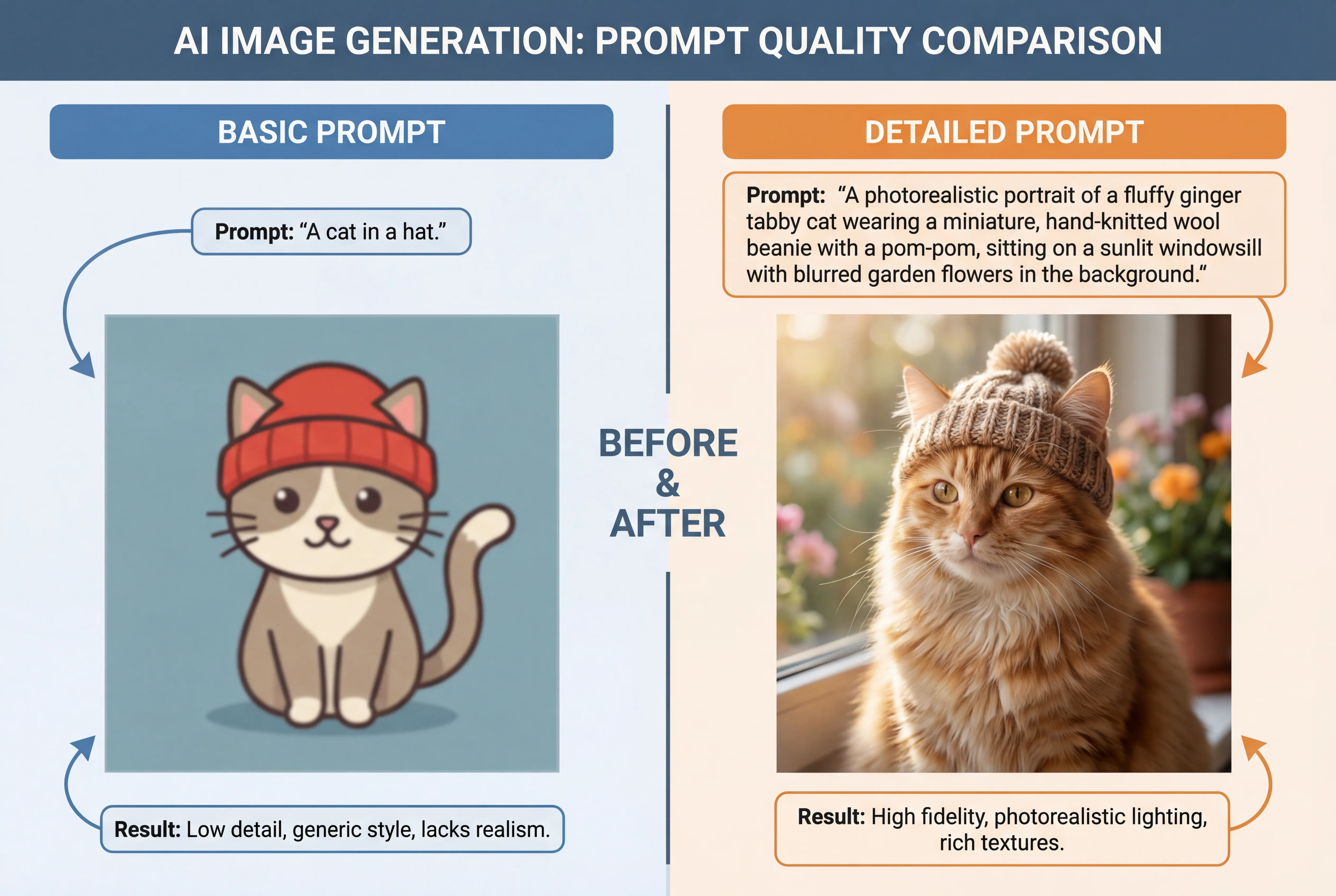 프롬프트 엔지니어링 기술에 따른 AI 생성 이미지 품질 차이를 보여주는 약한 프롬프트 대 강한 텍스트-이미지 프롬프트 비교