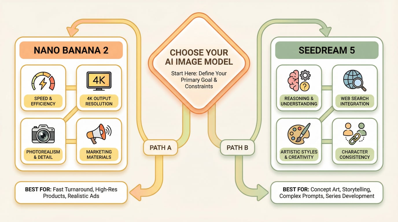 Beslissingsboom die laat zien hoe je kunt kiezen tussen Nano Banana 2 en Seedream 5 op basis van projectvereisten