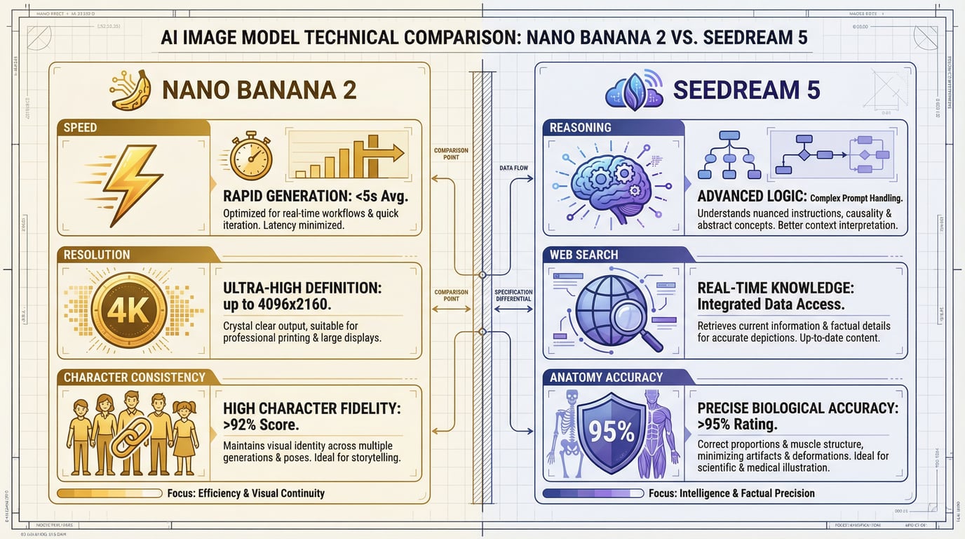 Technische specificaties en prestatiemetrieken die Nano Banana 2 en Seedream 5 vergelijken