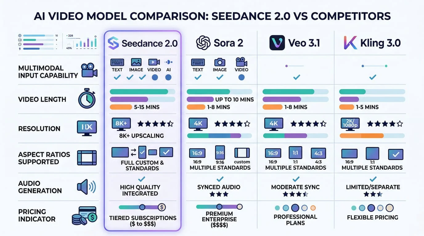 Bagan perbandingan model untuk Seedance 2.0, Sora 2, Veo 3.1, dan Kling 3.0